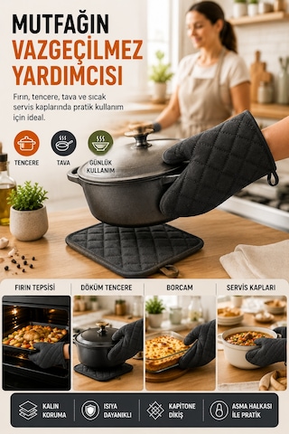 Antrasit Fırın Eldiveni Ve Tutacak Seti Isıya Dayanıklı Kapitone Mutfak Eldiveni Fırın Tutacağı Gri Renk.