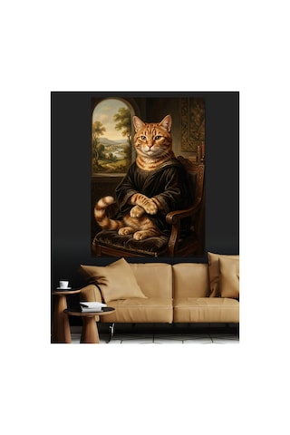 Mona Lisa Tarzı Soylu Kedi Yağlı Boya Dokulu Kanvas Tablo Canvas Tablosu