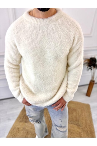 Elku Moda Kazak Oversize Tüylenmez Polar Kazak Bol Kesim Naturel Pamuk Rahat Kesim Salaş Peluş Kazak Beyaz