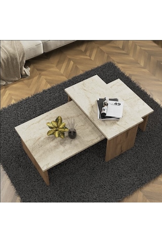 Vera 2 ' Li Orta Sehpa , Servis Sehpası Sepet - Traverten Merm...