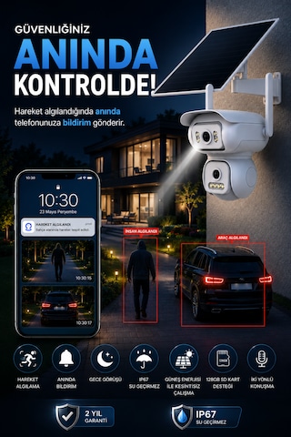 2 Kameralı 6mp Solar Panelli Aov Sürekli Kayıt Teknolojili Hareket Algılamalı Güvenlik Kamerası