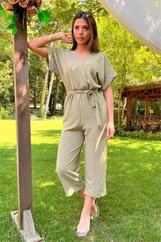 Kadın Yeşil Kruvaze Yaka Bağlama Detaylı Ayrobin Tulum Dpnb10049 Yesil