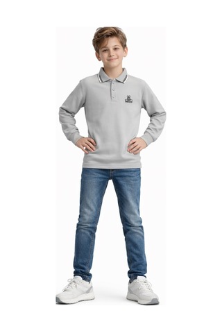 İrem Çocuk Giyim Erkek Çocuk Brooklyn Yazılı Polo Yaka Yakası Çizgi Desenli Gri Renk Polo Yaka Sweatshirt Gri