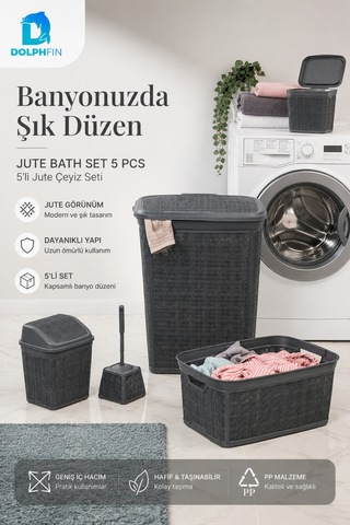Jute Çeyiz Seti 5 Li Plastik Banyo Mutfak Dolap İçi Düzenleyici Sepet Çöp Kovası Klozet Fırçası Seti Siyah