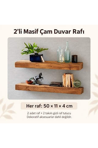 BK Home Masif Çam 2’li Gizli Montaj Duvar Rafı 50 x 11 x 4 cm
