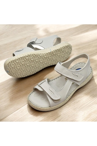 088 Topuk Jelli Tam Ortopedik Taban Hakiki Deri Erkek Sandalet Cırtlı Sandalet Bej