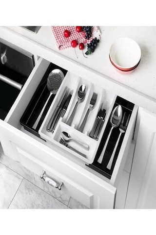 Bayev Çift Tarafa Açılabilen 5+2 Bölmeli Raylı Çatal-bıçak Organizeri - Beyaz