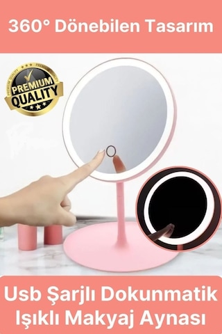 Işıklı Dokunmatik Makyaj Aynası Pembe & Beyaz 3 Kademeli Işık Ayarı 360 10669 Çok Renkli