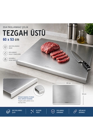Igrıll Tezgah Üstü Kesme Tahtası 304 Paslanmaz Çelik 60x53cm Et Doğrama Ve Mutfak Hazırlık Panosu Gri