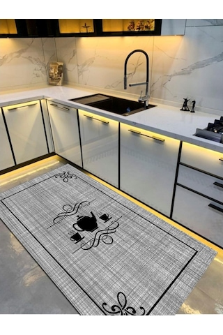 Gri Ve Somon, Kupa, Kaymaz Dökülmez Deri Taban Mutfak Halısı