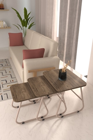 Vilinze Zigana Çok Amaçlı Vizon Metal Ayak 3'lü Kestane Mdf Zigon Sehpa Vizon-kestane