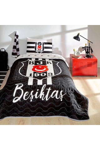 Taç Lisanslı Tek Kiş Yatak Örtüsü Seti 160x230 -beşiktaş Stripe Siyah - Beyaz