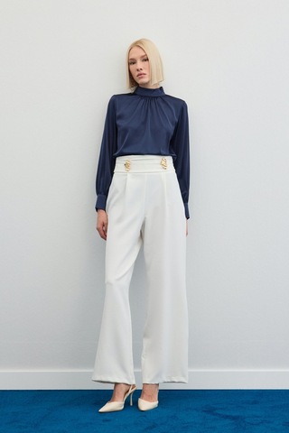 Sateen Bel Aksesuarlı Pantolon - Ekru-136490 Ekru