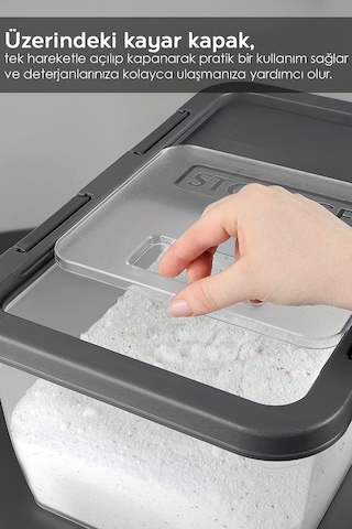2 Adet Etiketli Deterjan Saklama Kutusu - Kilitli Kayar Kapak Tablet Toz Deterjan Kabı 10 Lt Gri Gri