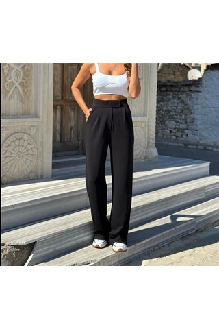 Polofit 3001 Kadın Cepli Cırtlı Kemerli Pileli Krep Palazzo Pantolon - Siyah Siyah