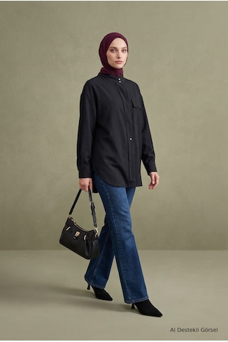 Avenna Dik Yaka Uzun Form Cep Detaylı Tunik 81 Cm Boy Siyah 26kt434