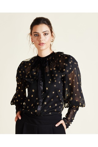 Yıldız Desenli Transparan Tül Gömlek Işıltılı Ve Romantik Tasarım Siyah