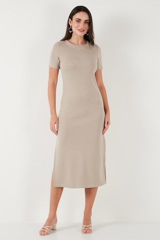 Lela Regular Fit Bisiklet Yaka Yırtmaç Detaylı Midi Bayan Elbise 5866165 Taş