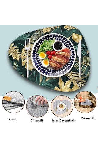Valerine Life Yeşil Gold Palmiye Yaprak Desenli Amerikan Deri Kaymaz Yıkanabilir Servis Altlığı 12 P Siyah