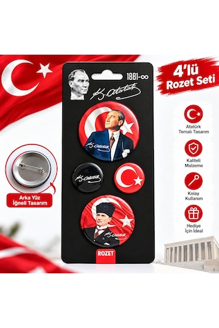 Bakgelal Atatürk 4'lü Rozet Seti Mavi Portre, Türk Bayrağı Ve İmza Tasarımlı - Bgaalk040002 Açık Mavi