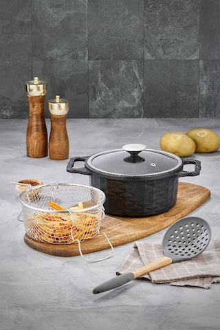 Polochef 20 Cm Granit Kızartma Tenceresi Fritöz Yapışmaz Granit Derin Patates Kızartma Tava Siyah