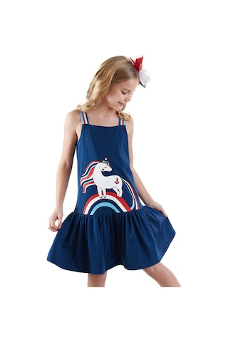 Denokids Denizci Unicorn Lacivert Kız Çocuk Elbise Renkli Çok Renkli