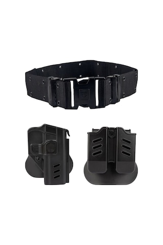Delikli Örme Palaska - Kilitli Taktik Silah Kılıfı Ve Taktik İkili Şarjörlük 3 Lü Set Siyah