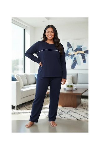 Najmaddin.com Beru Kadın Büyük Beden Lacivert Uzun Kollu Pijama Takımı Şerit Detaylı Rahat Ev Giyim Seti