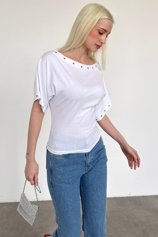 Madmext Beyaz Off Shoulder Metal Detaylı Kadın Bluz Mg2671 Beyaz