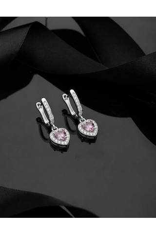 925 Ayar Pembe Taşlı Rodyum Pırlanta Işıltılı Sallantılı Kalp Gümüş Küpe Gümüş