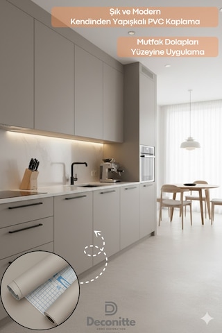 Deconitte Premium Kendinden Yapışkanlı Mat Bej Renk Pvc Mobilya Dolap Tezgah Duvar Kaplama Dekoratif 60x100cm