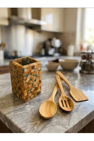 El Yapımı Zeytin Ağacı Mutfak Gereçleri Seti - Kaşık, Spatula, Oluklu Kaşık Ve Epoksi-zeytin Ağacından Yapılma Kaşıklık Seti Bir Arada