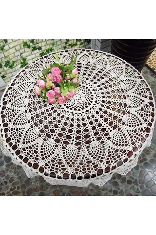 Ulzyvf El İşi Pamuklu Dantel Masa Örtüsü - 65-70 Cm Yuvarlak Ayçiçeği Desenli Beyaz Beyaz