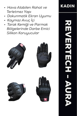 Revertech Aura Siyah - Dokunmatik Ekran Uyumlu Kadın Motosiklet Eldiveni + Buff li