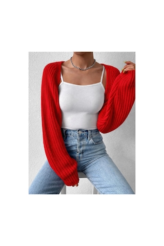 Moibody Triko Örgü Reglan Kol Bolero Hırka Kore Tarzı 4 Mevsim Kırmızı Kırmızı