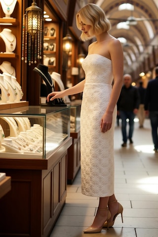 Benerly Kadın Straplez Kolsuz Çiçekli Payet Dokuma Maxi Elbise Bodycon Ke Beyaz