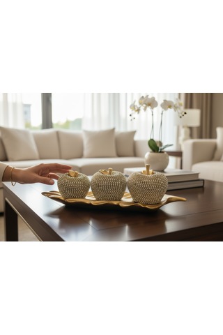 Frefly Store 3'lü Altın Taşlı Elma Dekor Seti Altın Yaprak Tabanlı