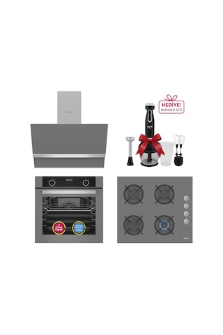 Simfer 10 Fonksiyon Airfry Gri 3'lü Ankastre Set (8217 Fırın + 3538 Ocak + 8740 Davlumbaz)