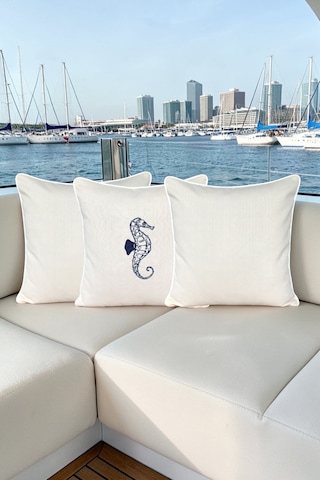 Kırlent Kılıfı 45x45 3'lü Set Marin Nakışlı Deniz Atı Desen Su İtici Outdoor Keten Tekne Bahçe Krem