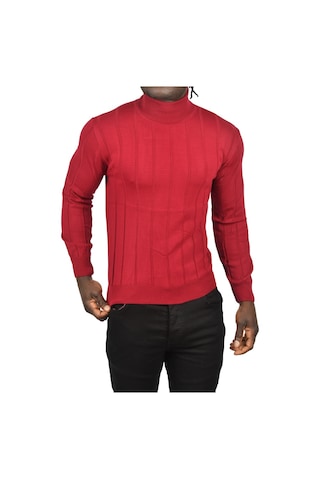 Deepsea Erkek Bordo Slim Fit Likralı Tam Balıkçı Yaka Çizgili Boğazlı Kazak 2505504 Bordo
