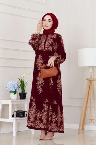 Sevitli Yarım Düğmeli Robalı Zülal Elbise-bordo-5208