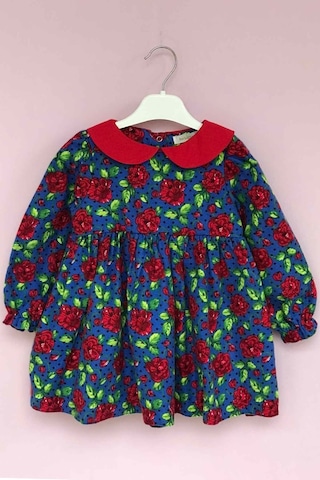 Bebe Yaka Gül Desenli Kız Çocuk Bebek Pazen Kırmızı Mavi Renkli Elbise 001