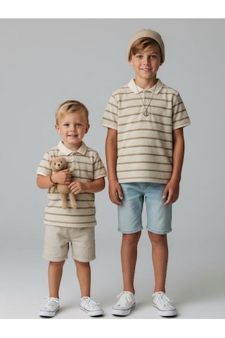 Zekids Erkek Çocuk Yakalı Yarım Kollu Düğmeli Triko T-shirt-16804 Bej
