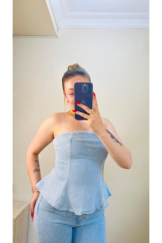 Elora Atelier Taşlı Peplum Straplez Denim İkili Takım Çok Renkli