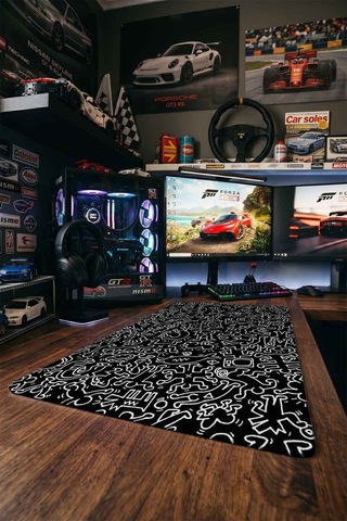 Siyah Beyaz Doodle Figürler 40x90 Cm Oyuncu Mousepad Kaymaz Taban Büyük Boy Mousepad