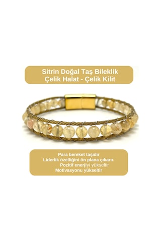 Sertifikalı Sitrin 6mm Doğal Taş Bileklik Çelik Halat Çelik Kilit Çok Renkli
