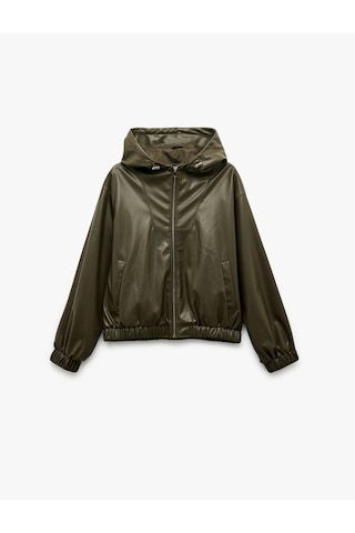 Koton Fermuarlı Cepli Uzun Kollu Kapüşonlu Crop Suni Deri Bomber Ceket Yeşil 6wak20016ew Yeşil