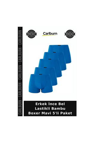 Carlburn Premium Erkek İnce Bel Lastikli Bambu Boxer Mavi 5'li Paket Tarz Hediye Nefes Alan Saks