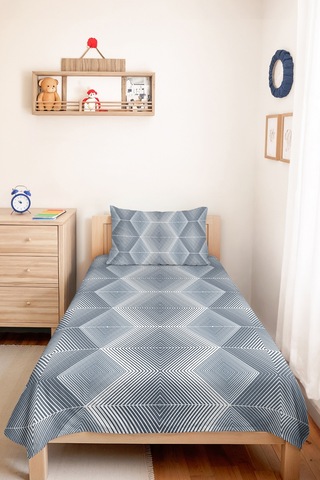 Mavi Geometrik Genç Odası Tek Kişilik Pike Takımı - Gri Modern 160x220 Cm Kapitone Yatak Örtüsü Mumlu Bulut Kokusu