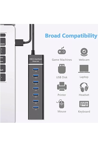 Usb 3.0 High Speed 7 Port Usb Çoklayıcı 5gbps Hub 1.2 Metre Kablo